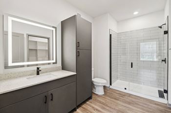 A bathroom with a shower and a sink and a toilet